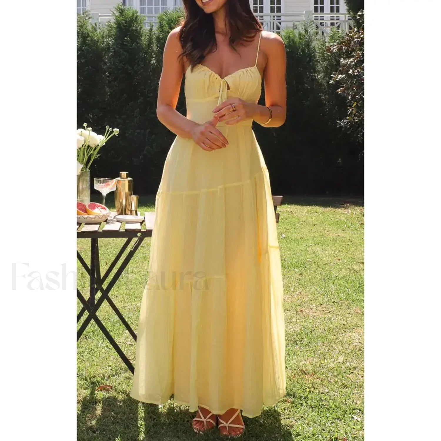 Yellow Smocked Bow-front Midi Dress