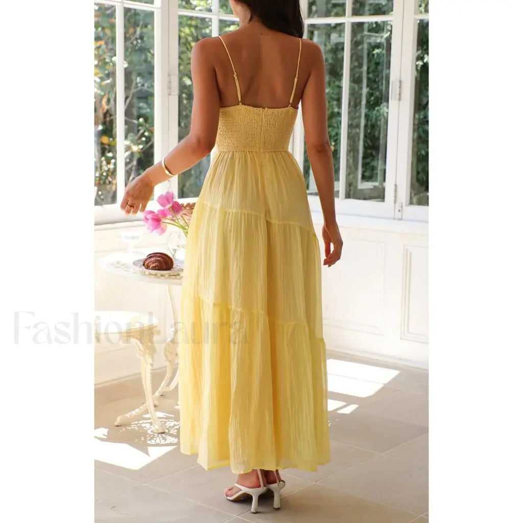 Yellow Smocked Bow-front Midi Dress