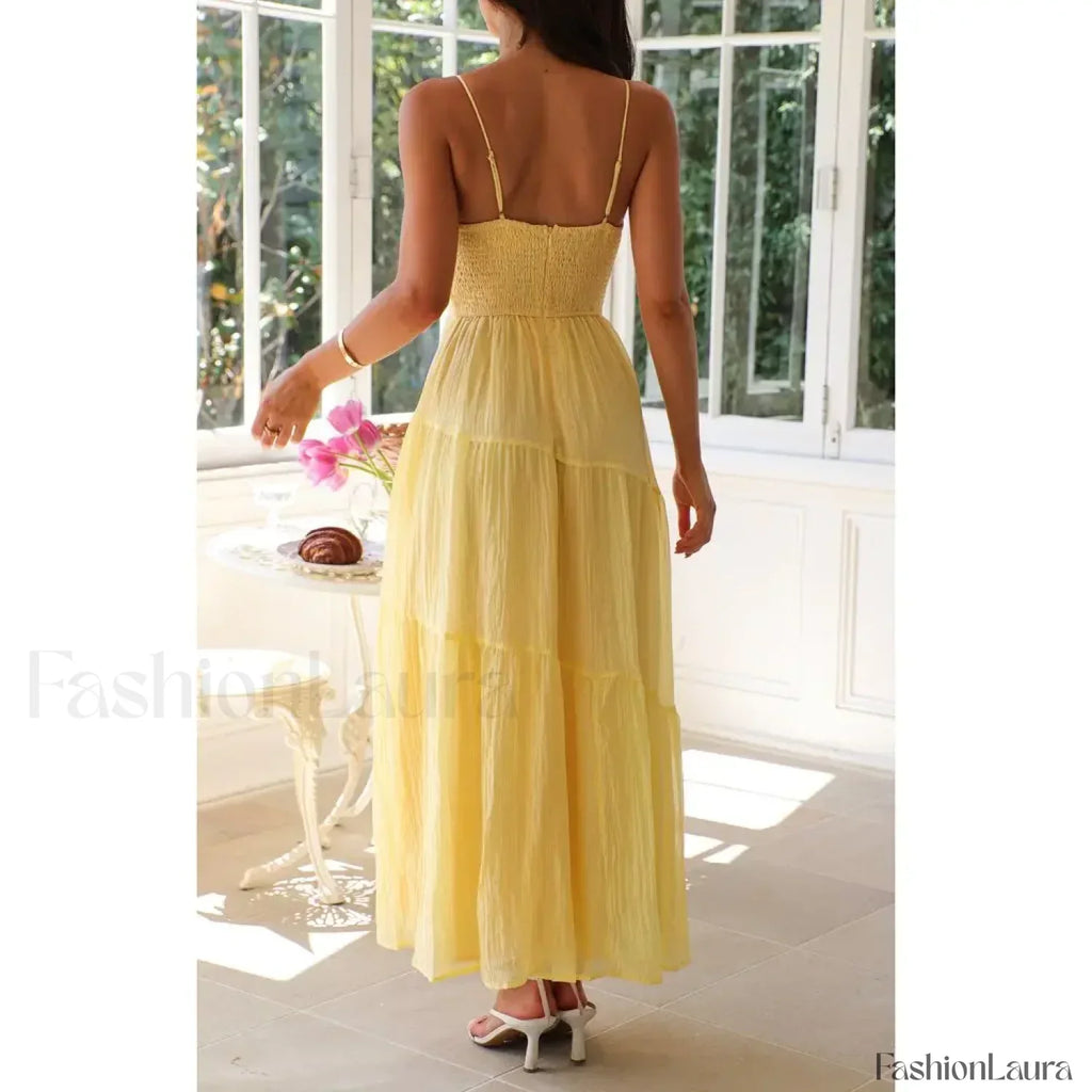 Yellow Smocked Bow-front Midi Dress