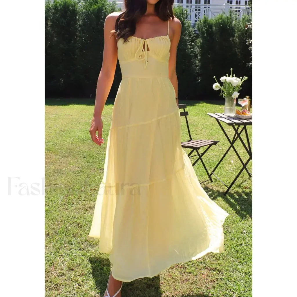 Yellow Smocked Bow-front Midi Dress