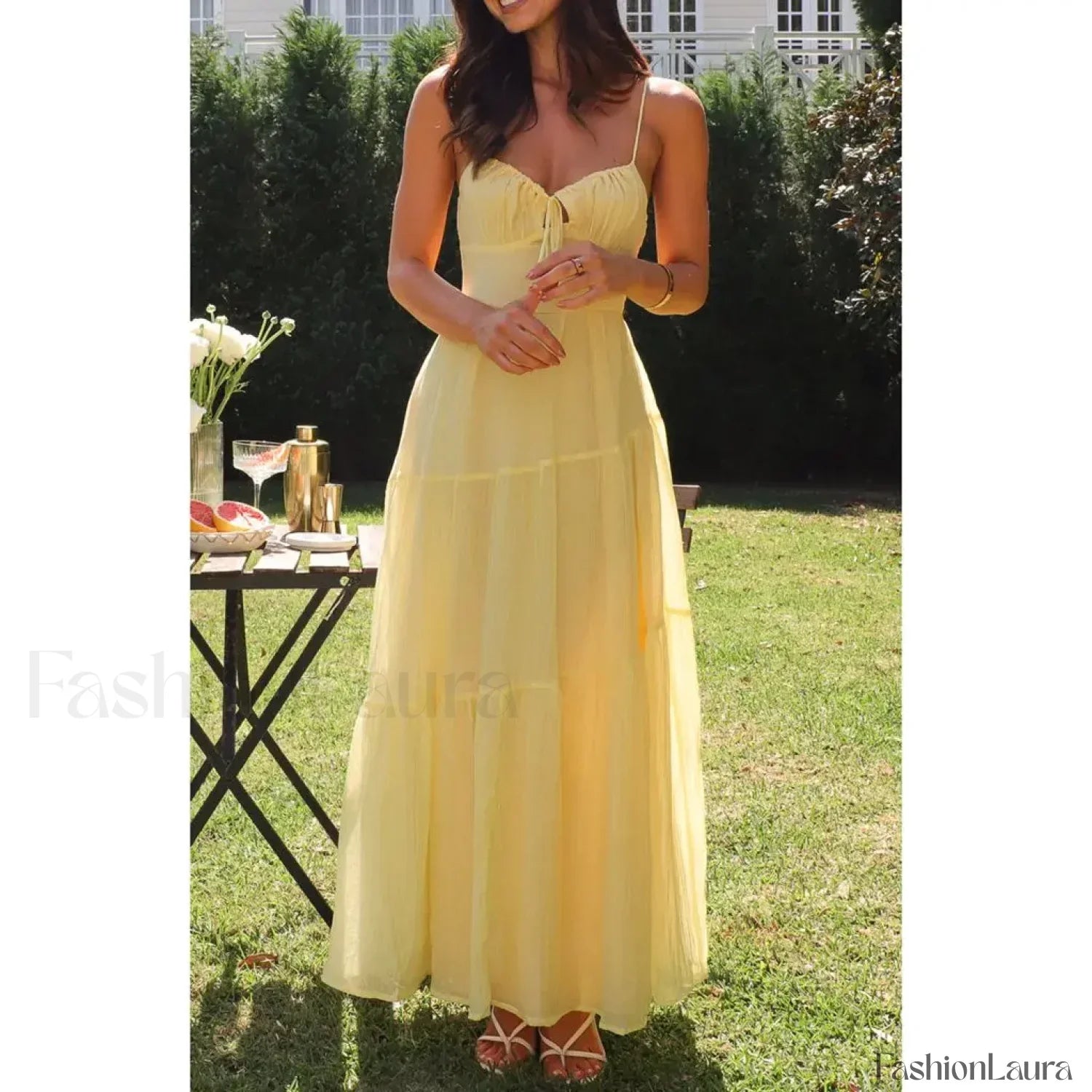 Yellow Smocked Bow-front Midi Dress