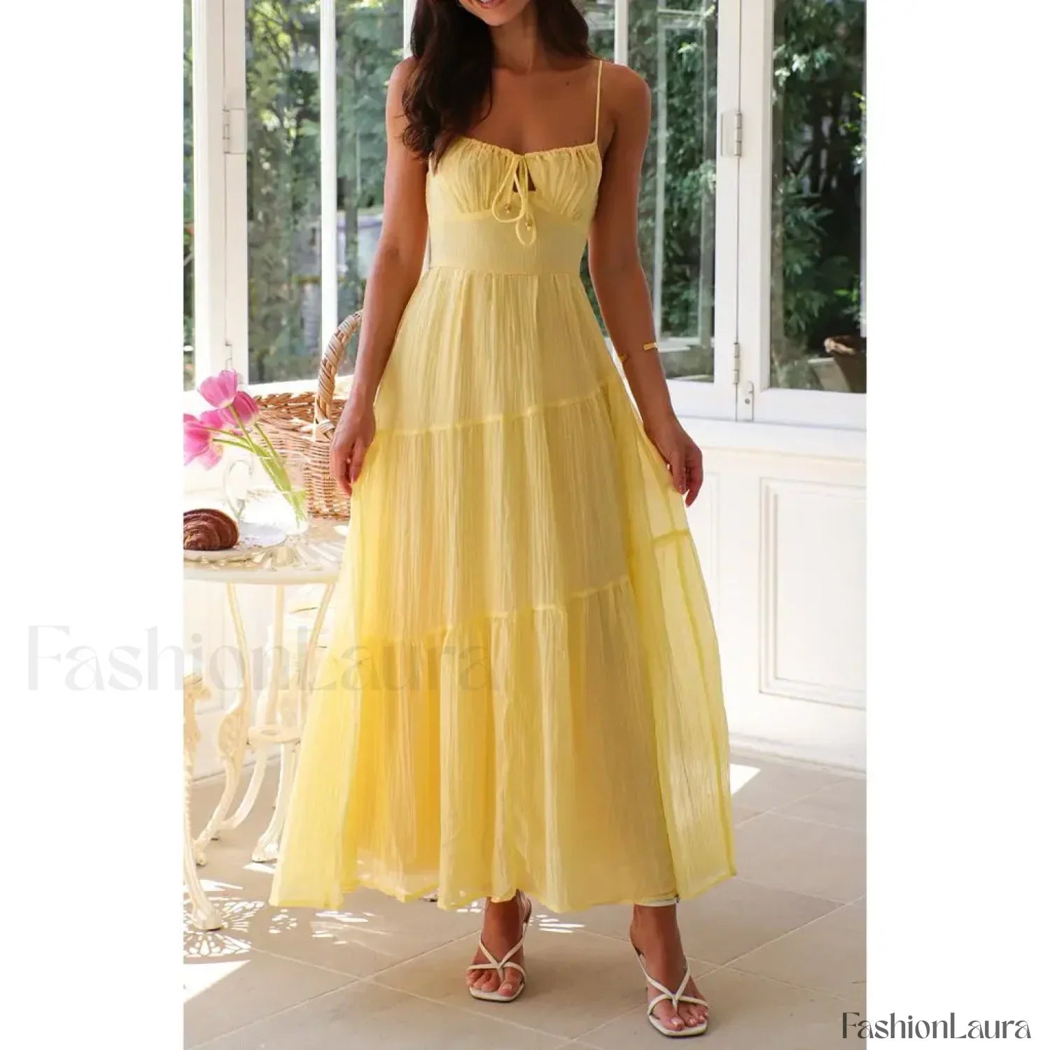 Yellow Smocked Bow-front Midi Dress