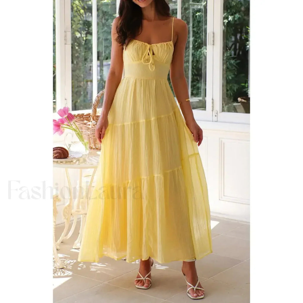 Yellow Smocked Bow-front Midi Dress