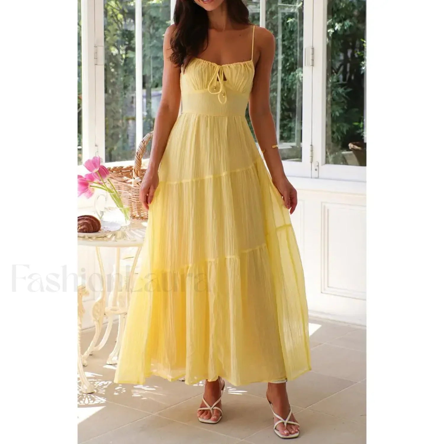 Yellow Smocked Bow-front Midi Dress