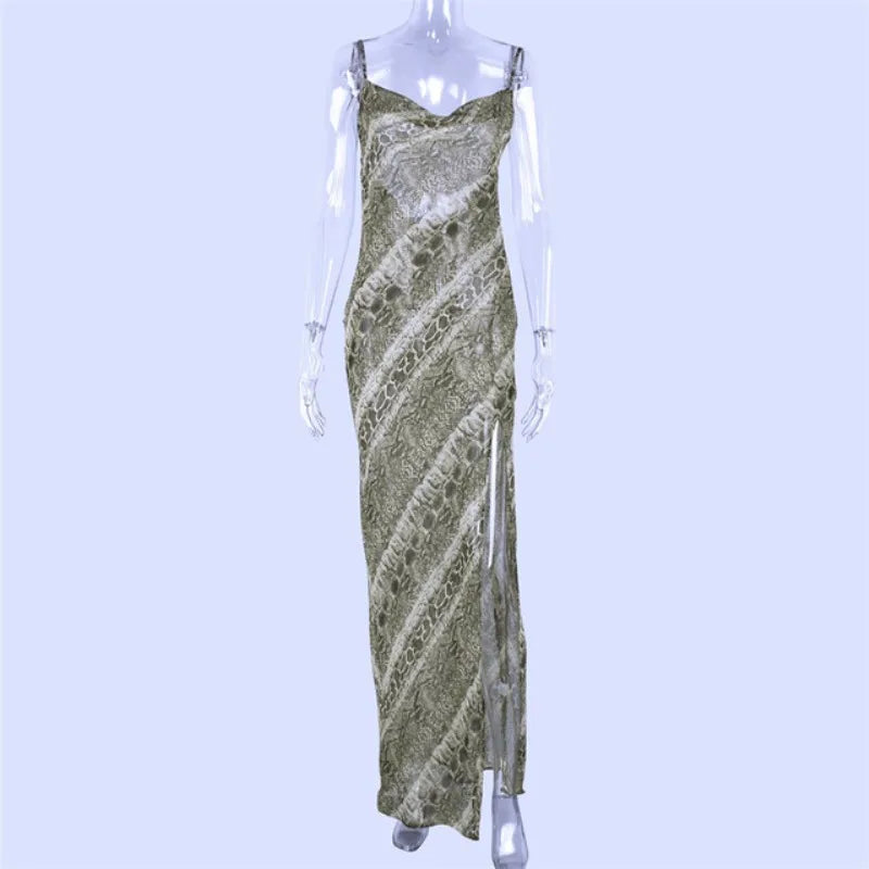 Snakeskin Print Cowl Neck Spaghetti Strap Side Slit Maxi Dress