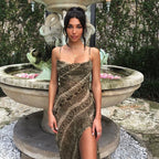 Snake Print Cowl Neck Spaghetti Strap Side Slit Bodycon Maxi Dress
