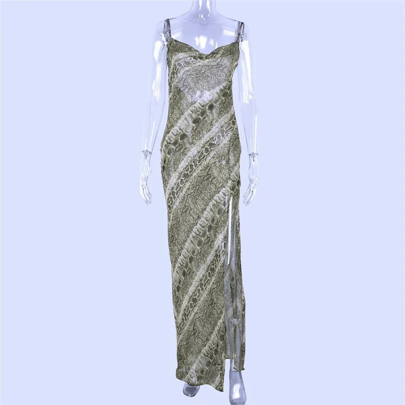 Snakeskin Print Cowl Neck Spaghetti Strap Side Slit Maxi Dress
