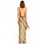 Snakeskin Print Cowl Neck Spaghetti Strap Side Slit Maxi Dress