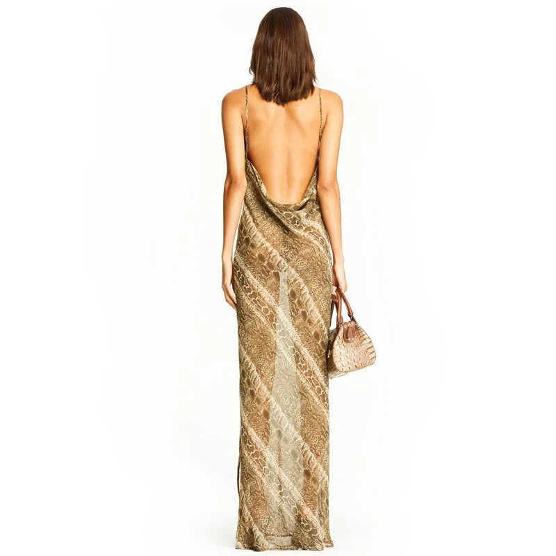 Snakeskin Print Cowl Neck Spaghetti Strap Side Slit Maxi Dress