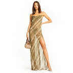 Snakeskin Print Cowl Neck Spaghetti Strap Side Slit Maxi Dress