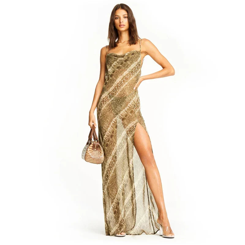 Snakeskin Print Cowl Neck Spaghetti Strap Side Slit Maxi Dress