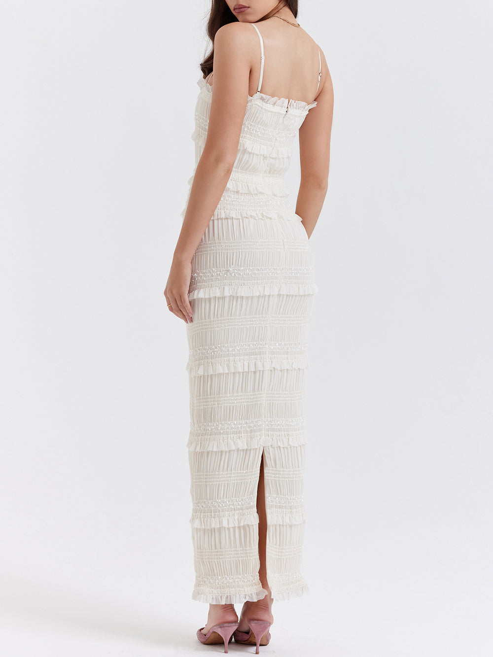 Square Neck Spaghetti Strap Shirred Tiered Ruffle Trim Maxi Dress