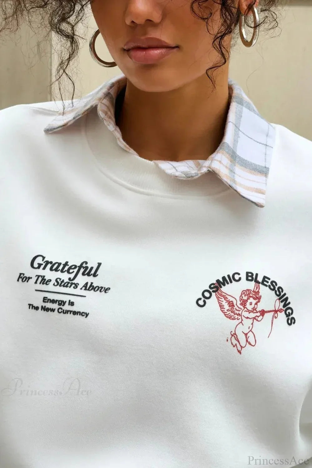Solid Angel Print Thickened Crew Neck Sweatshirt
