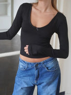 Solid Bow Basic Slim O-Neck Long Sleeve Knit Top