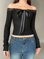 Solid Bow Patchwork Lace Slash Neck Long Sleeve Knit Top