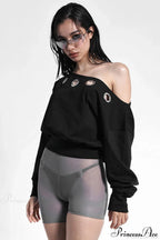 Solid Color Asymmetric Shoulder Cutout Long Sleeve Blouse