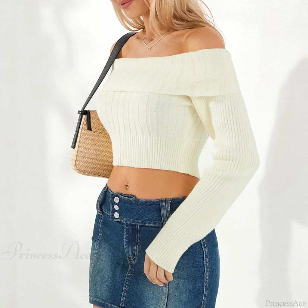 Solid Color Boat Neck Crop Sweater