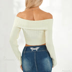 Solid Color Boat Neck Crop Sweater