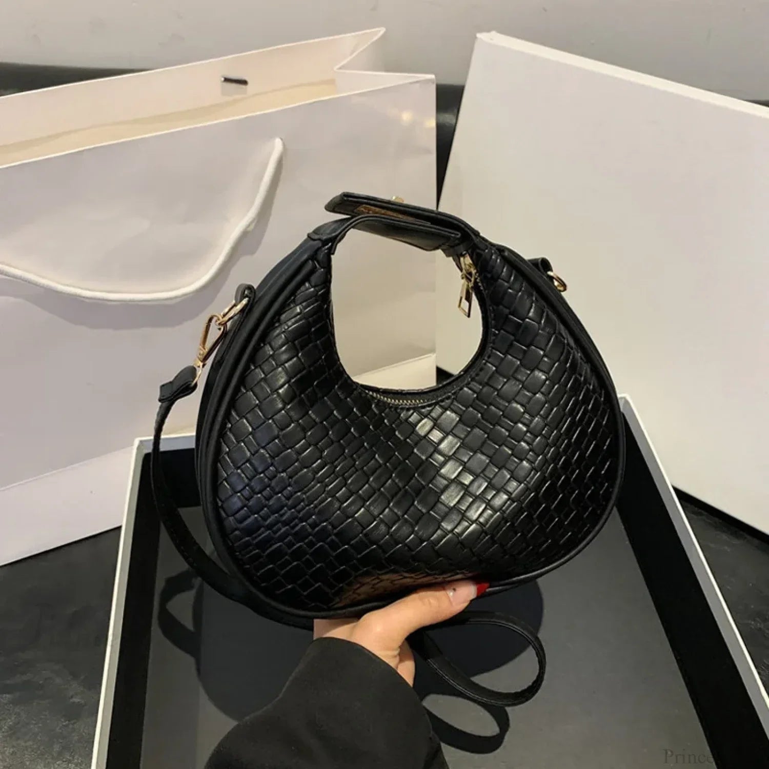 Solid Color PU Leather Lattice Crossbody Handbag