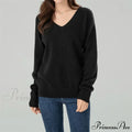 Solid Cozy V-neck Black Casual Long Sleeve Stylish Knitted Autumn Sweater