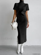 Solid High Neck Split Ribbed Knit Two Pieces Skirt Set
