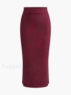 Solid High Neck Split Ribbed Knit Two Pieces Skirt Set