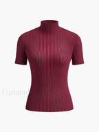 Solid High Neck Split Ribbed Knit Two Pieces Skirt Set