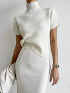 Solid High Neck Split Ribbed Knit Two Pieces Skirt Set
