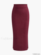 Solid High Neck Split Ribbed Knit Two Pieces Skirt Set