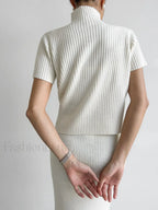 Solid High Neck Split Ribbed Knit Two Pieces Skirt Set