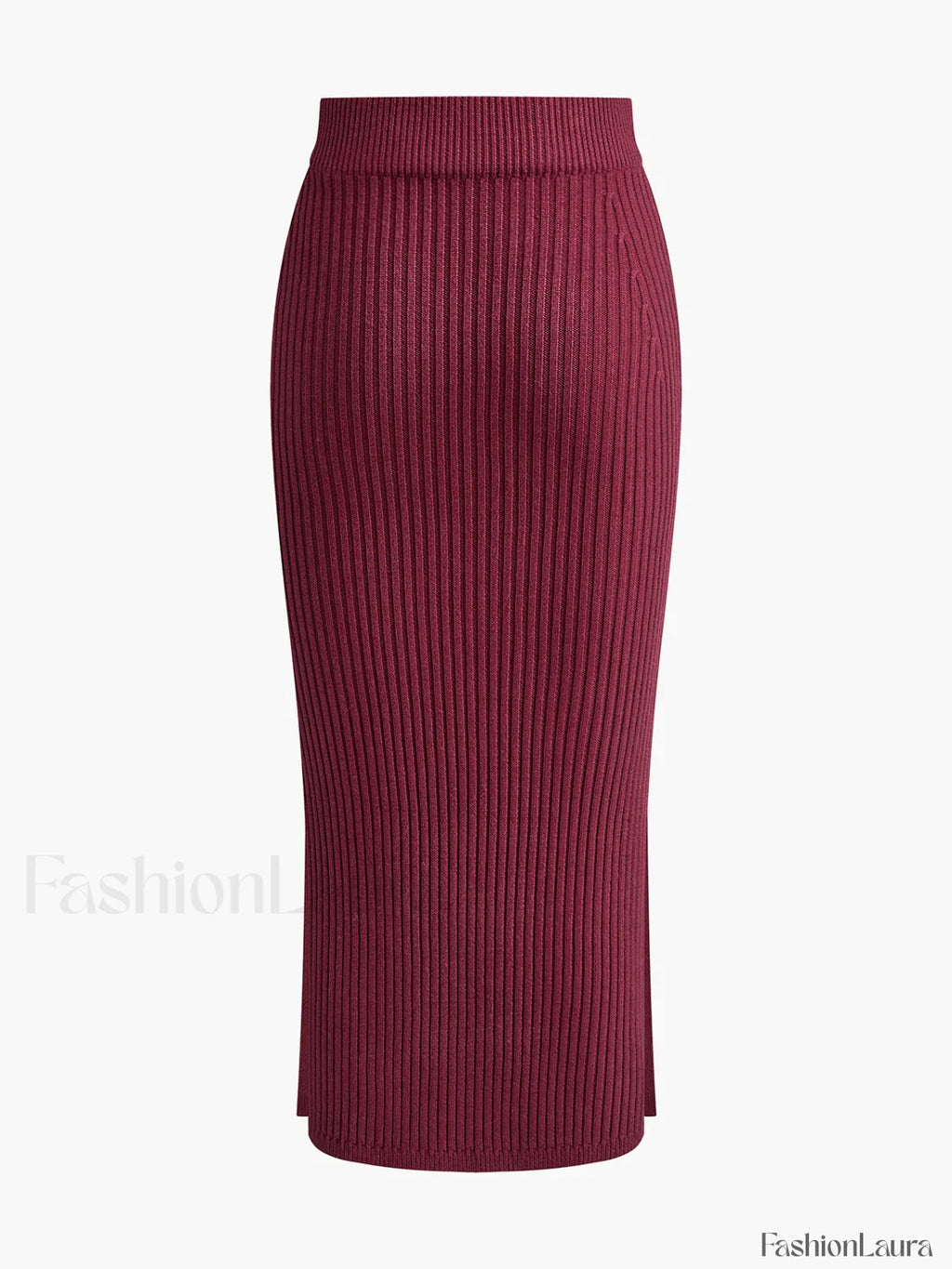 Solid High Neck Split Ribbed Knit Two Pieces Skirt Set