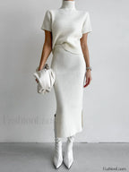 Solid High Neck Split Ribbed Knit Two Pieces Skirt Set