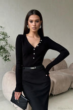 solid Knit Half Placket Slim Long Sleeve Tee
