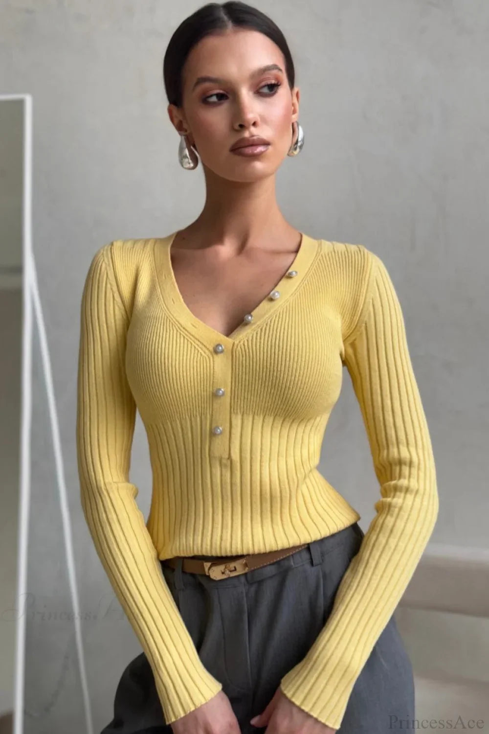 solid Knit Half Placket Slim Long Sleeve Tee