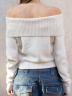 Solid Knitted Slash Neck Basic Long Sleeve Pullover Sweater