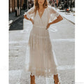 Solid Lace Short Sleeve V-neck Maxi Boho Dress