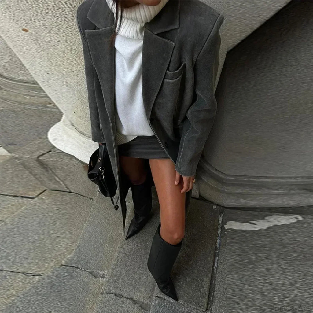 Solid Leather Lapel Single-Breasted Overcoat