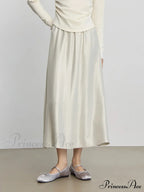 Solid Long High Waist Elastic Silver Grey Draped A-Line Commuter Skirt