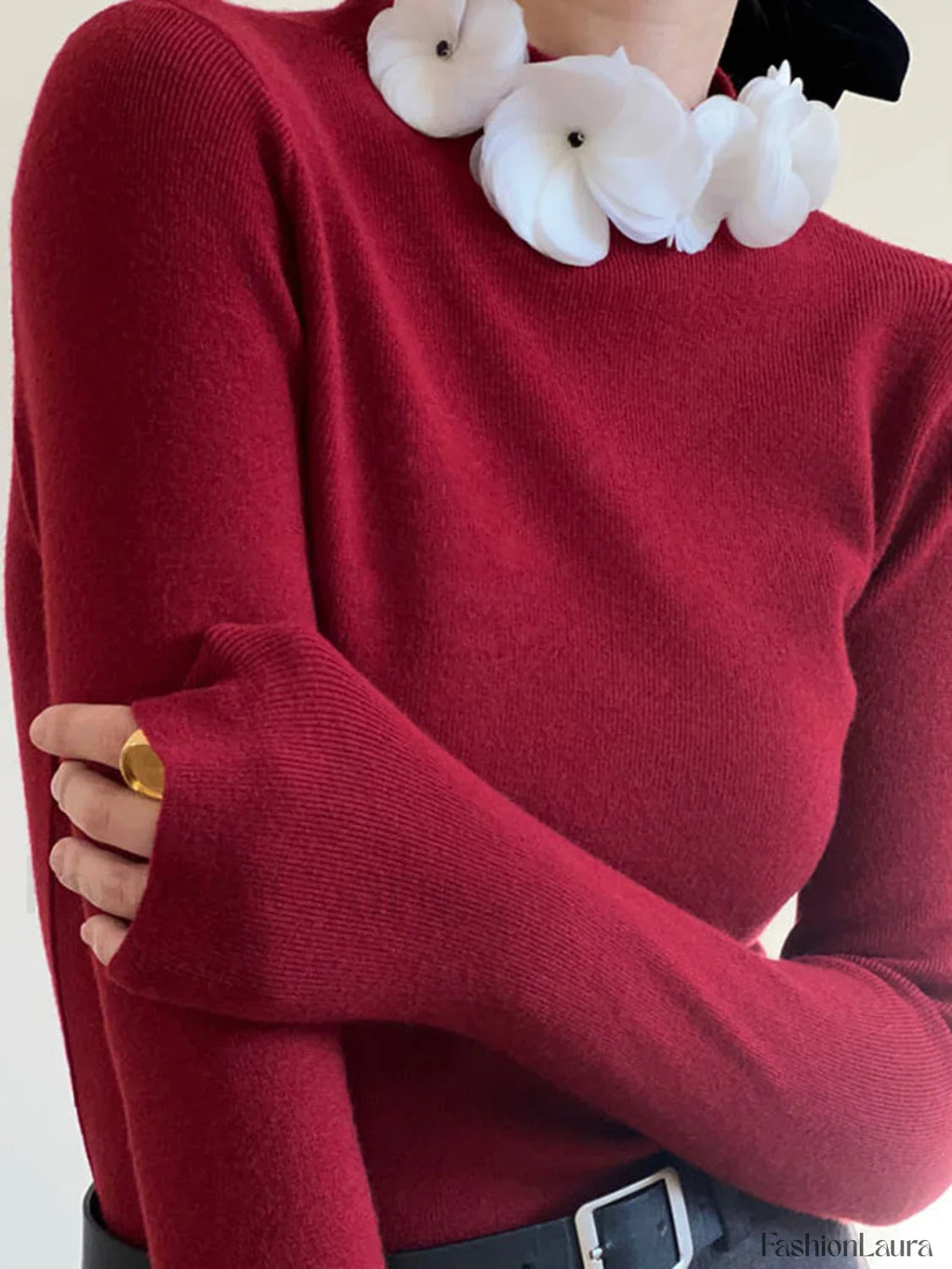 Solid Long Sleeve Floral Knit Top