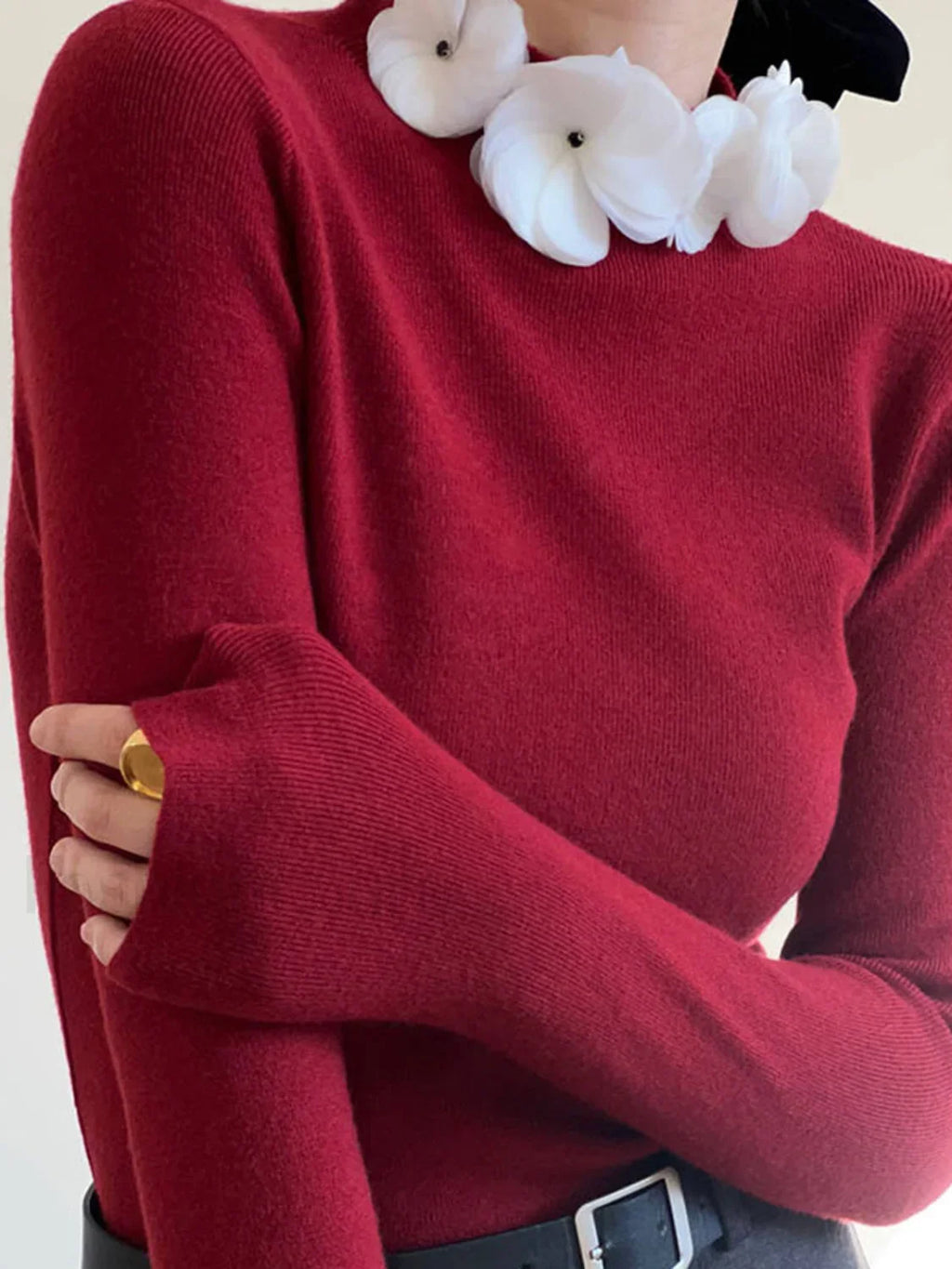 Solid Long Sleeve Floral Knit Top