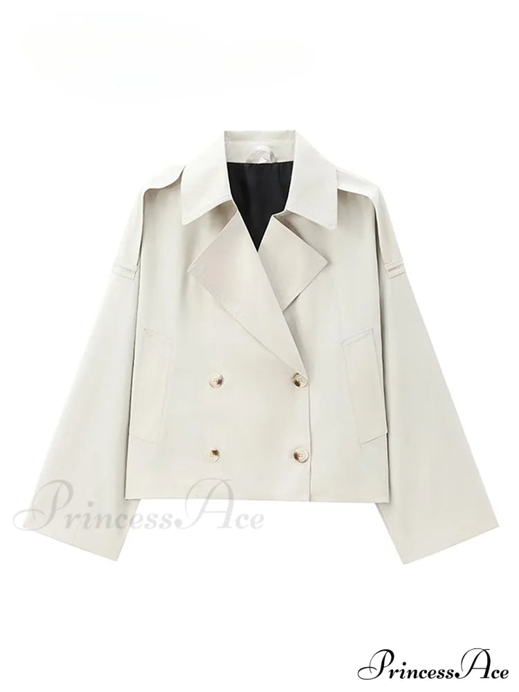Solid Loose Contrast Double Collar Double Breasted Long Women's Windbreaker Office Lady Stylish Coat