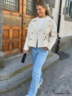 Solid Loose Contrast Double Collar Double Breasted Long Women's Windbreaker Office Lady Stylish Coat