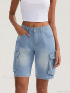 Solid Mid Rise Button Denim Short