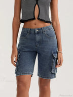 Solid Mid Rise Button Denim Short