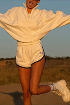 Solid Minimalist Relaxed Stand Collar Half-Zip Sweatshirts