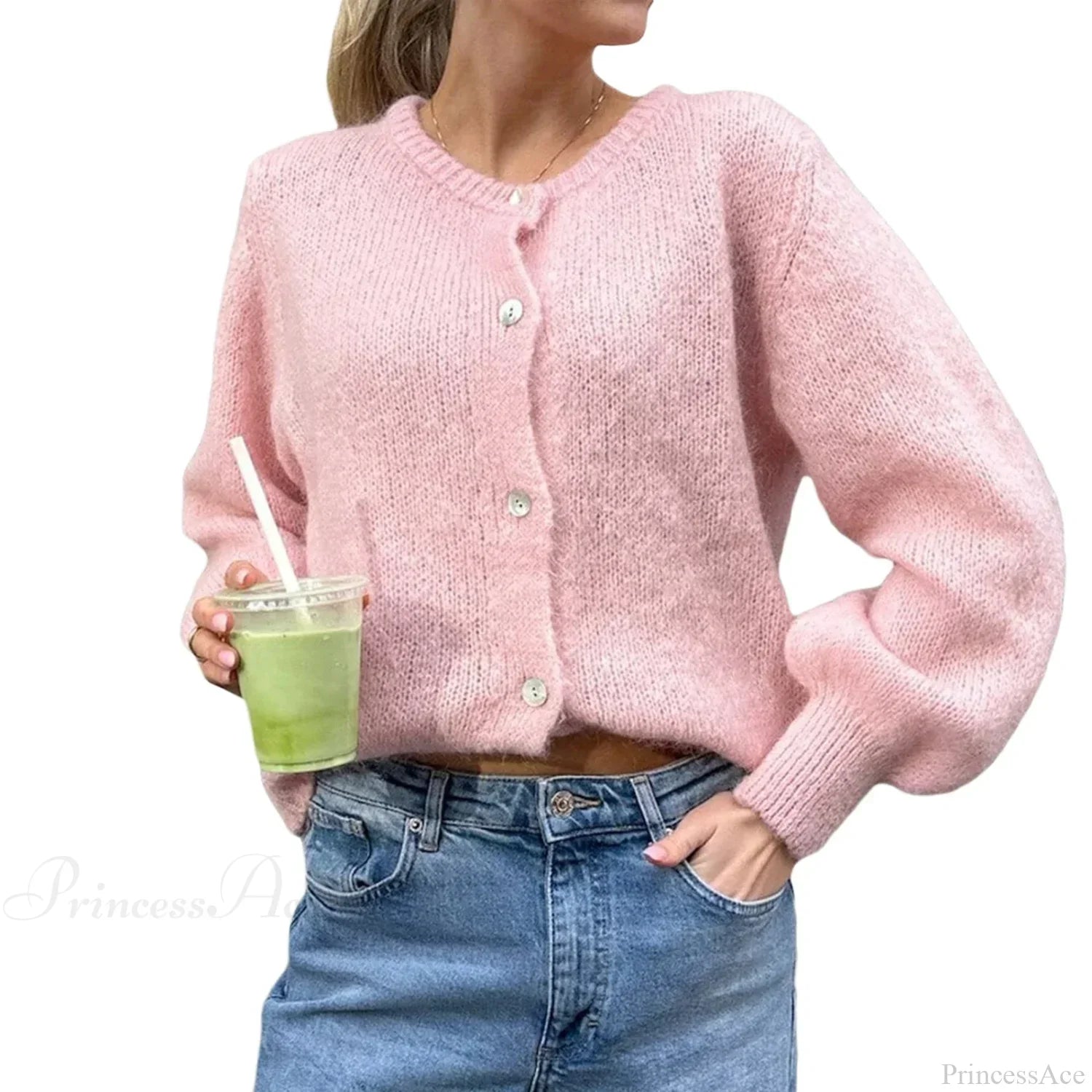 Solid O-neck Cropped Knitted Cardigan