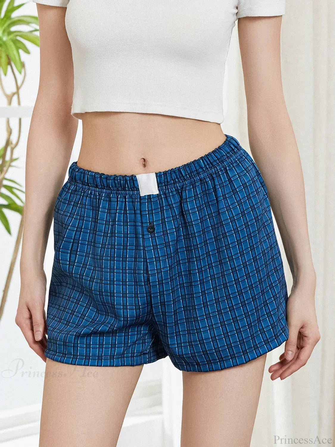 Solid Plaid Elastic Waist Short
