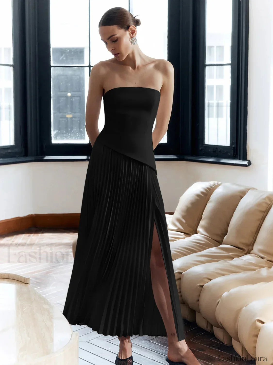 Pleated Strapless Split Dress