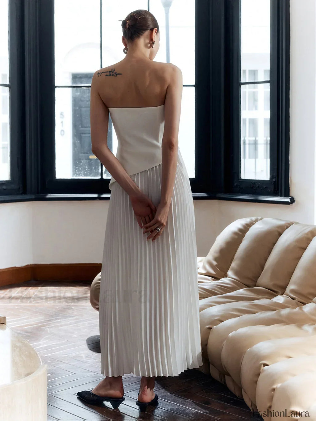 Pleated Strapless Split Dress