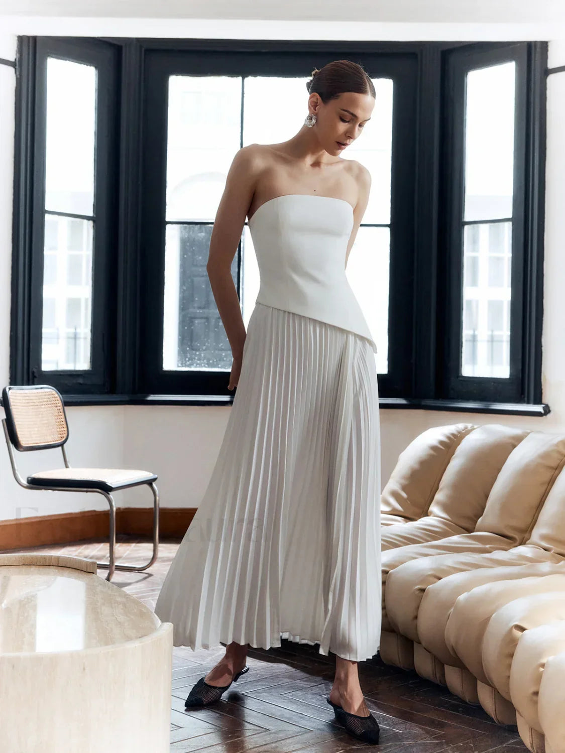 Pleated Strapless Split Dress